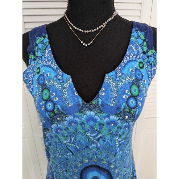 Vtg Authentic Desigual Tunic Mini Womens S Paisley Art Logo Blue Top Boho Hippie - Picture 2 of 12